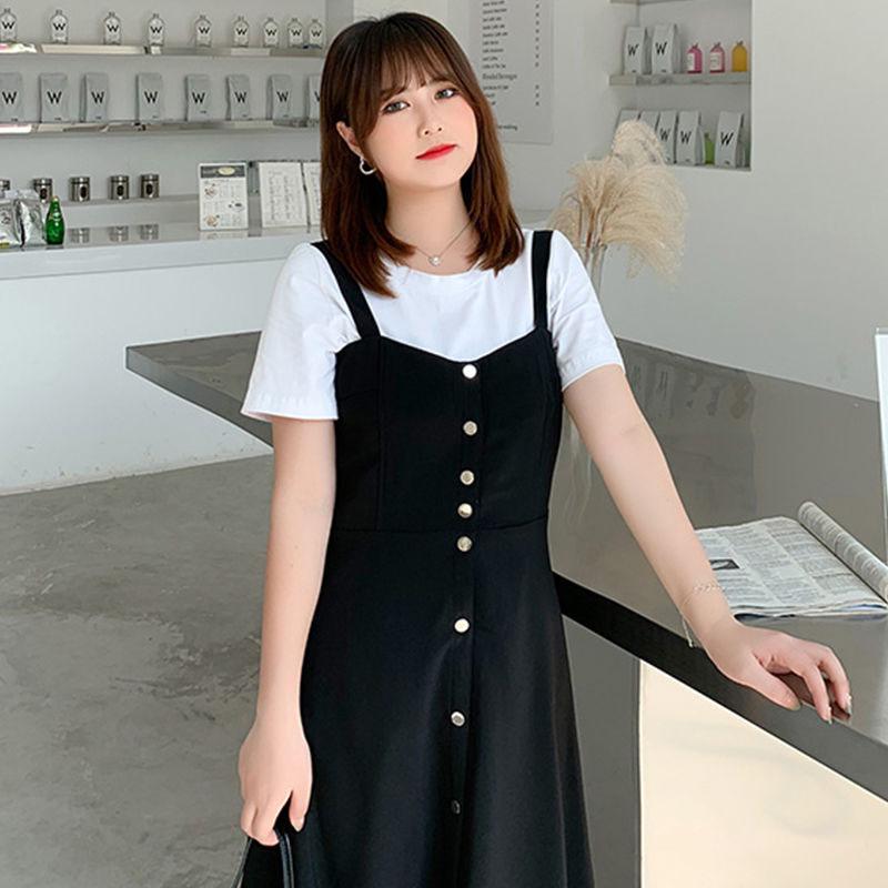 Womens Summer Dresses  Short-sleeved Shirt Top and Long  Strap Dress Two-piece Set Plus Size Outfits