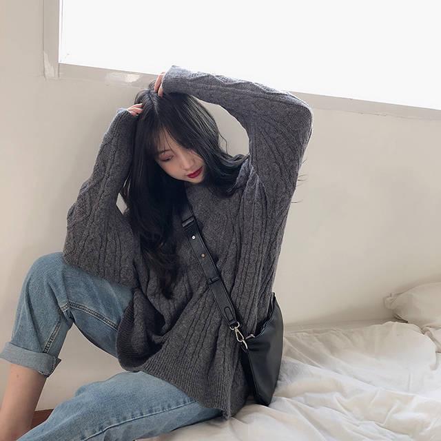 Pofulove Round Neck Twist Sweater Female Loose Wild College Style Knitted Sweater Autumn Winter