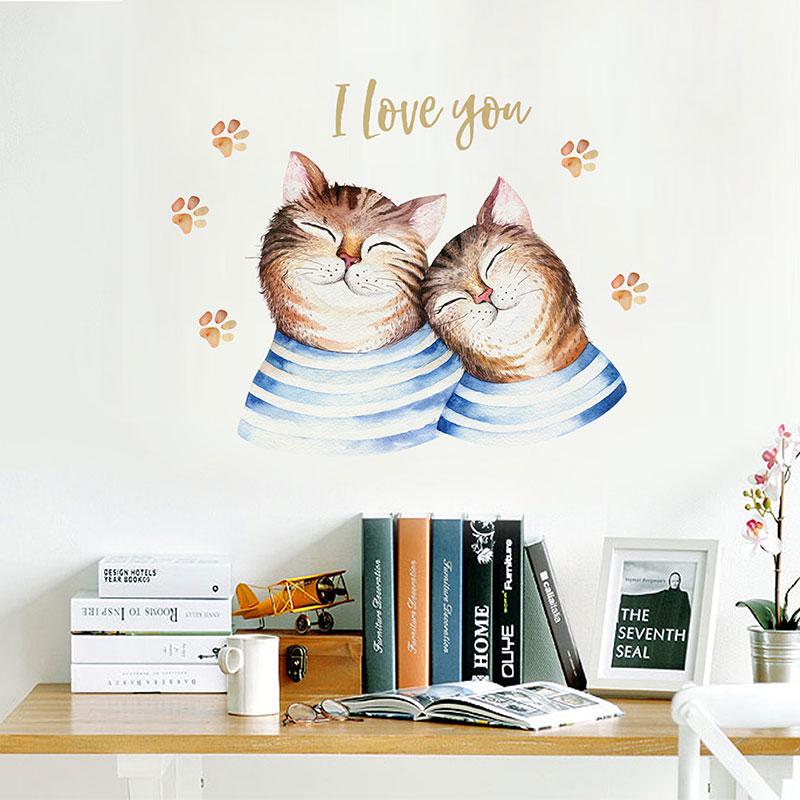 Cute Lovely Cartoon Cats Couples Wall Stickers Paws Prints For Kids Room Bedroom Art Decals Home Dec