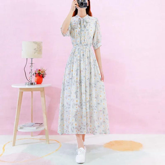 Female Vintage High Waist Super Fairy Holiday Dress Elegant Slim Chiffon Floral Print Lined Dress