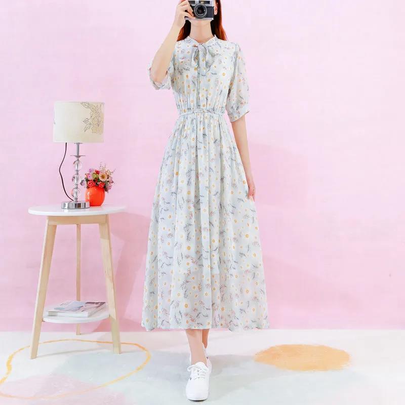 Female Vintage High Waist Super Fairy Holiday Dress Elegant Slim Chiffon Floral Print Lined Dress