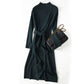 Women's knitted dress winter high neck slim long pullover sweater dress with belt