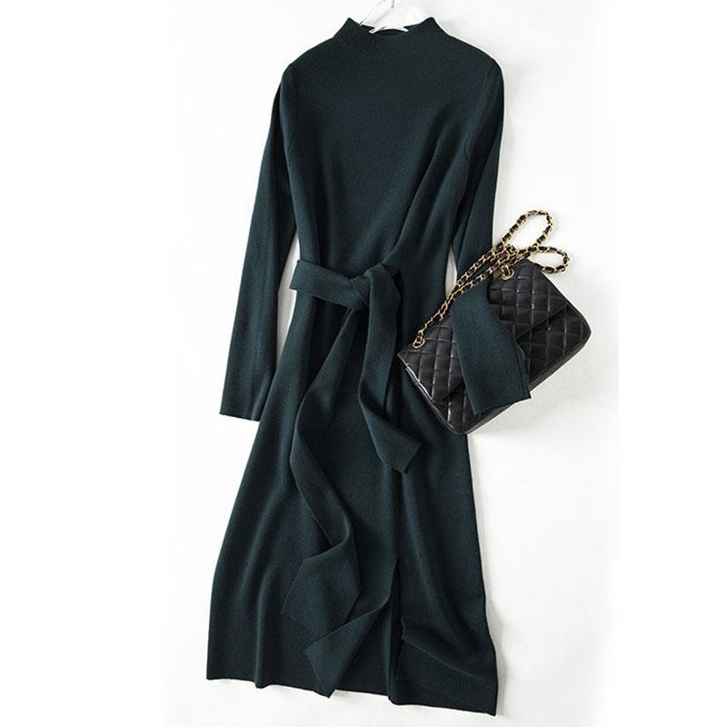 Women's knitted dress winter high neck slim long pullover sweater dress with belt