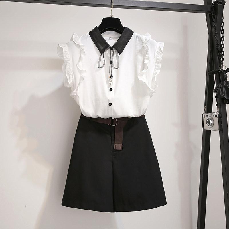 Pofulove Skirt Set Summer Lady Sleeveless  Bowknot Shirt Wide-leg Shorts L Two-piece Set for Work