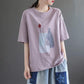 Cotton Retro Print Round Neck Short Sleeve T-Shirt Girls Summer Large Size Loose Casual Top
