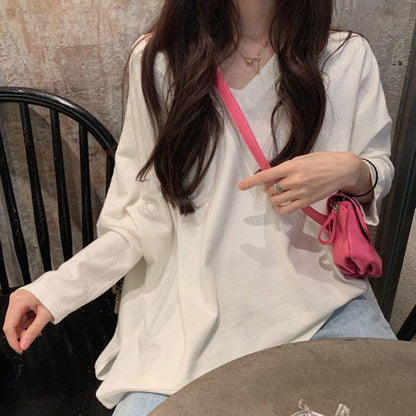 Women  Basic Tee Casual Long Sleeve V-neck Solid Color Soft TShirt Ladies Lady Loose Pullover