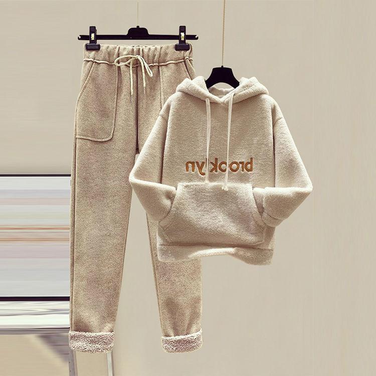 2pcs/set  Autumn Winter Fleece Hoodies Vintage Sweatshirt Two Piece Set Woman Tracksuits Jogger Pants Thick Warm Clothes