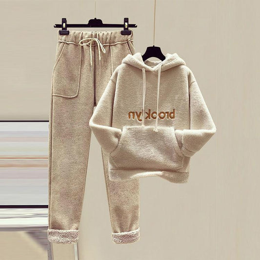2pcs/set  Autumn Winter Fleece Hoodies Vintage Sweatshirt Two Piece Set Woman Tracksuits Jogger Pants Thick Warm Clothes