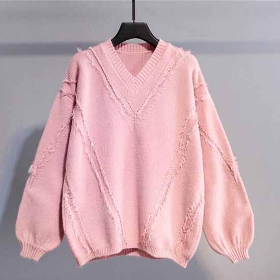 Pofulove Long Sleeve Tassel Sweater Solid Color V-neck Loose Thicken Bottoming Knitwear Jumper Top