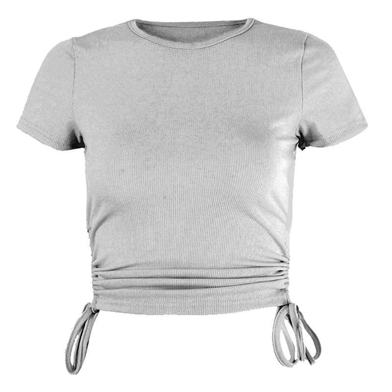Sexy Printed Short-sleeved T-shirt Women Drawstring Navel Round Neck Casual Top Vacation Party Daily