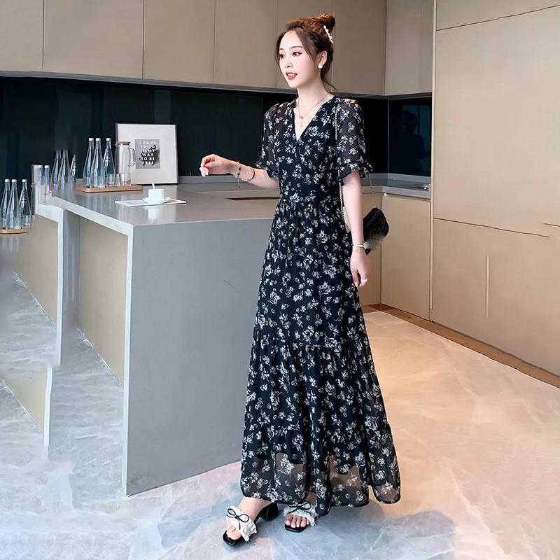 Chiffon Floral V-neck Dress Long Dress French Bellflower Ankle Long Dress Was Thin and Large Size Long Dress Ladies Chiffon Dress