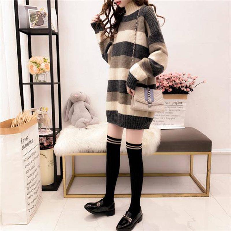 Women's Striped Turtleneck Sweater Long Sleeves Loose Mid-length Pullover Sweater Jumper