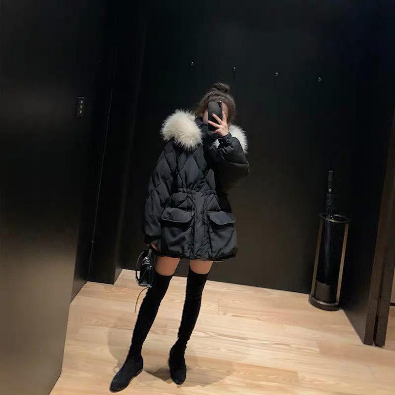 Western-style Age-reducing Big Fur Collar Cotton-padded Jacket Women Winter Sweet Waist Waist Mid-length Loose Waist Cotton-padded Jacket