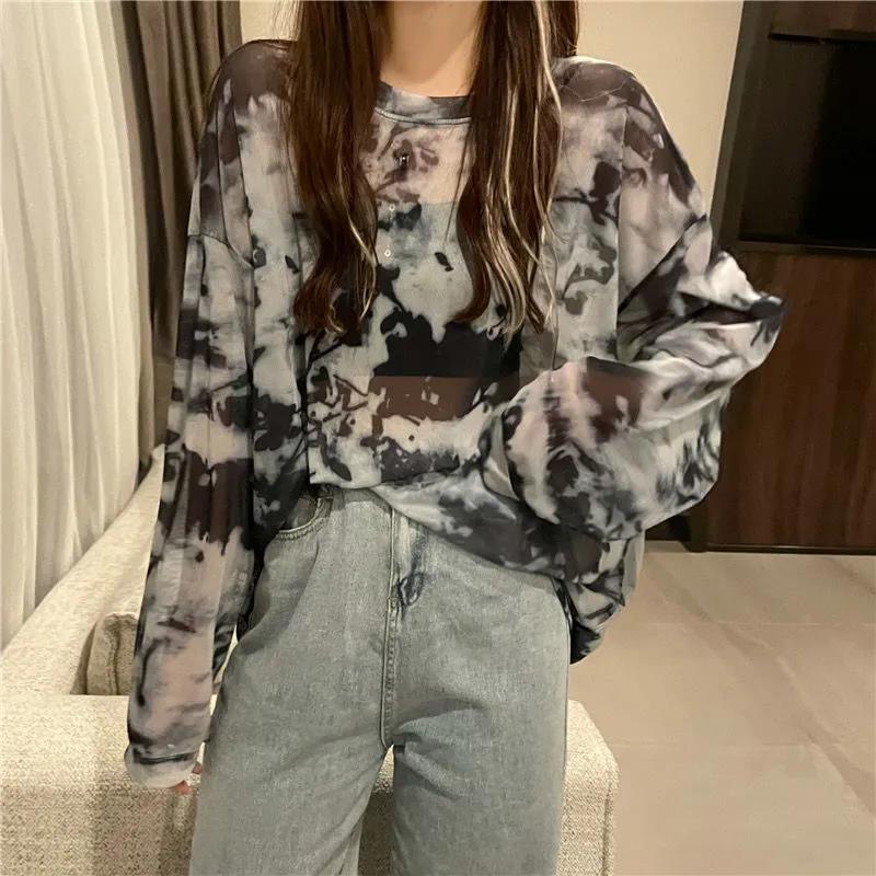 Fall Version of Tie dye Loose Simple Long-sleeved fall T-shirt Women Simple Pure color Bottoming Net yarn Blouse Tee