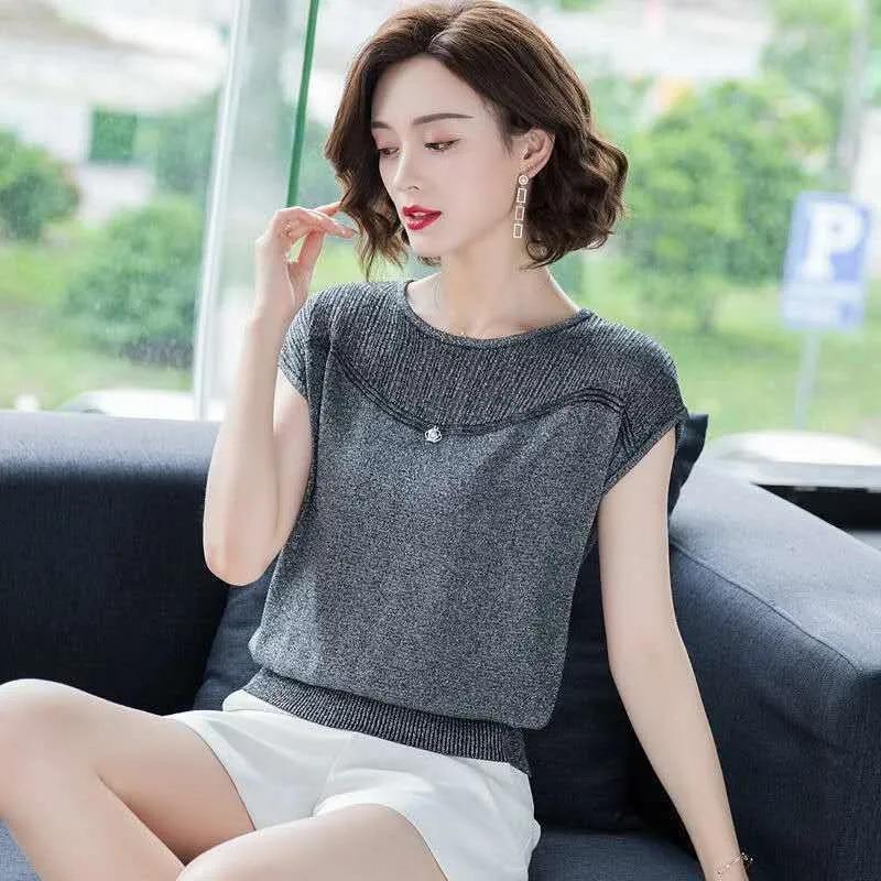 Knitted Short-sleeved Black T-shirt Women's Summer Thin Middle-aged Large Size Loose