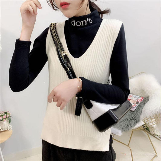 V-neck Knitted Short Vest College Style Solid Color Loose Vest Striped Casual Women's Sweater