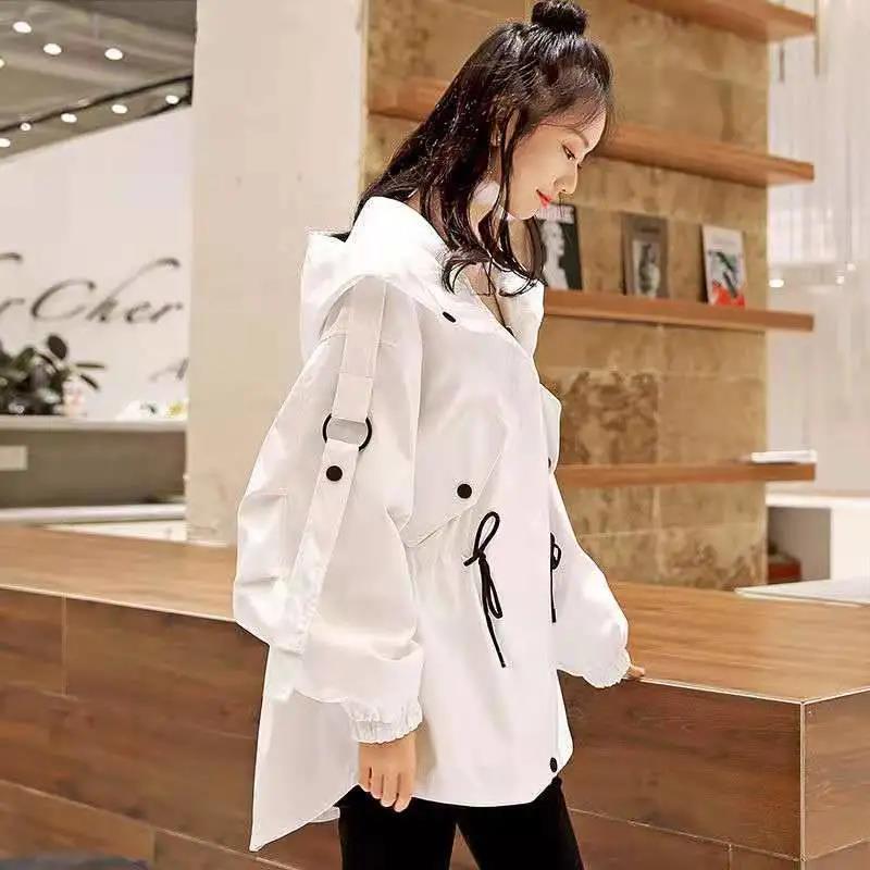 Workwear Windbreaker Women's Mid-length Hooded Loose Jacket with Adjustable Drawstring Women's Warm Short Hooded Jacket