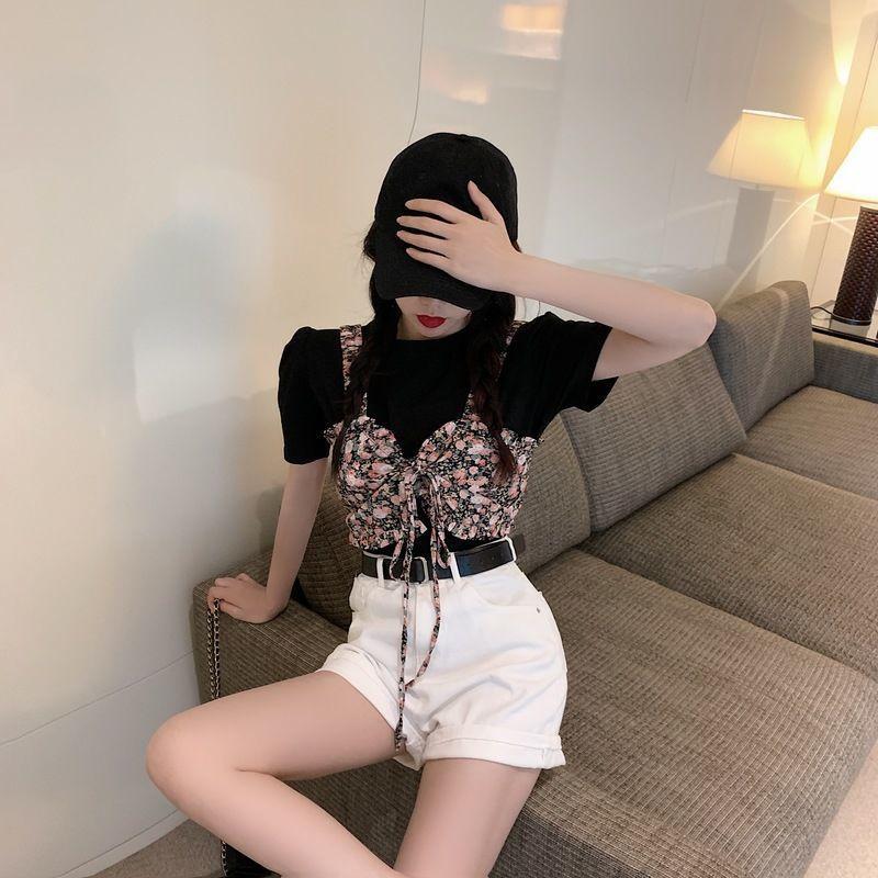 Summer Korean Version  The White Simple Short-sleeved T-shirt Plus Sweet Floral Sling Two-piece Jacket Women