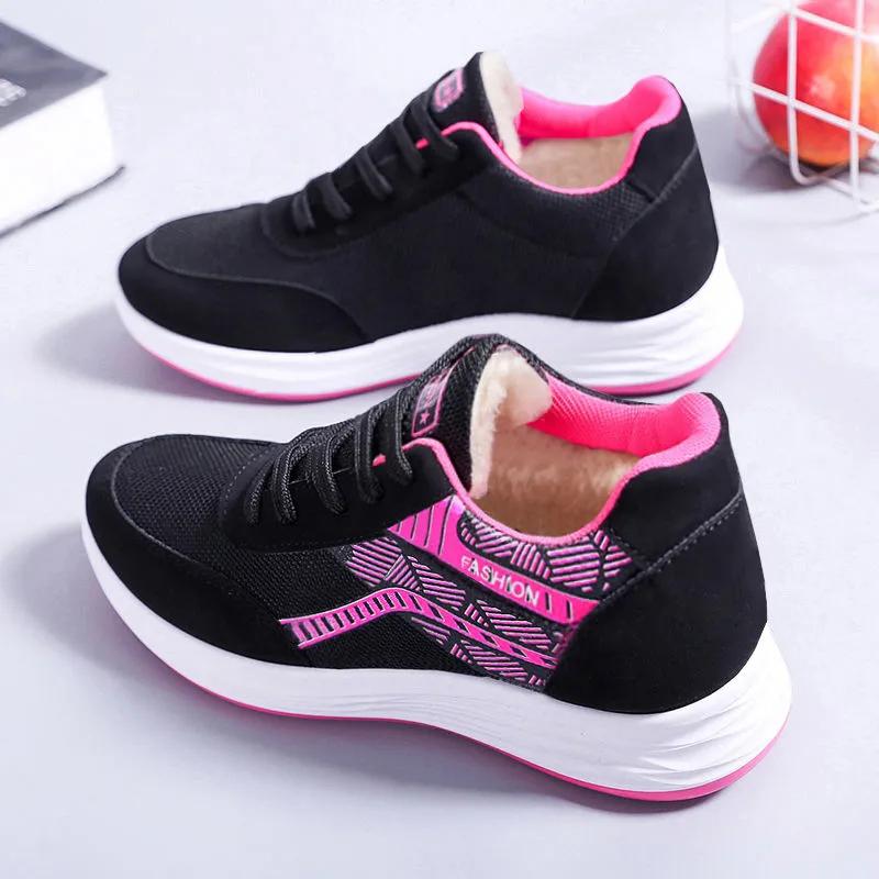 Shoes Women Tennis Sports Shoes Black Mesh Sneakers Fleece Cotton SHoes Fashon Casual Running Shoes Lace Up Non Slip Women Shoes