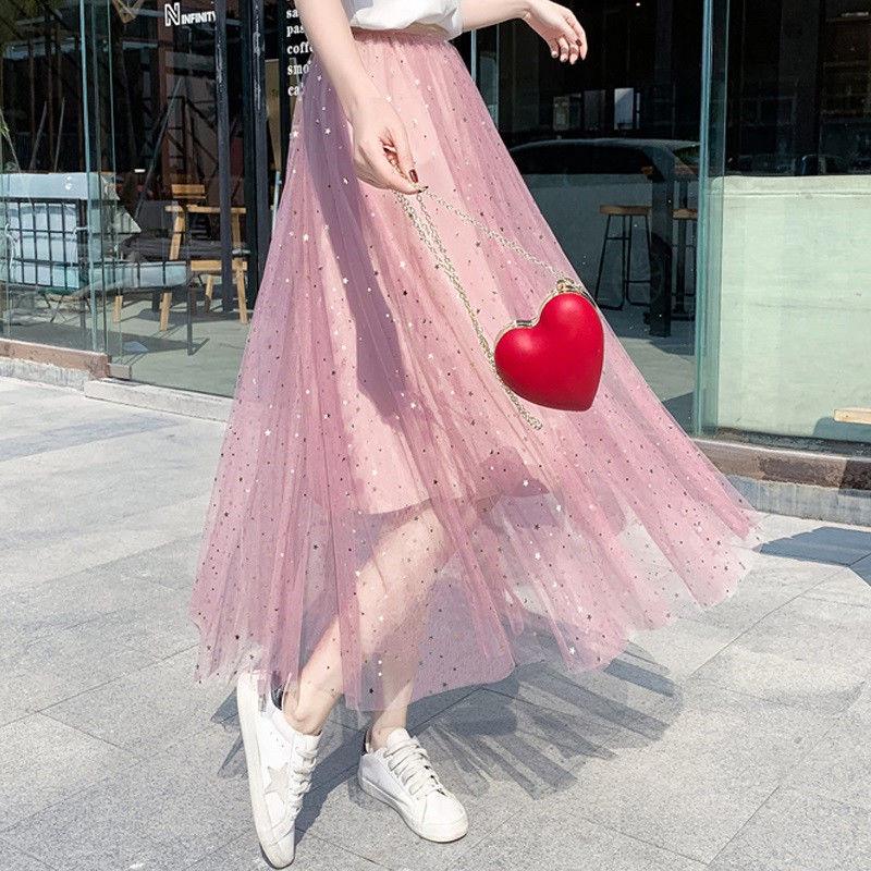Women's Tulle Plain Pleated Skirt 2020 Pink Beige White Mesh Midi Skirt High Waist Woman Skirts