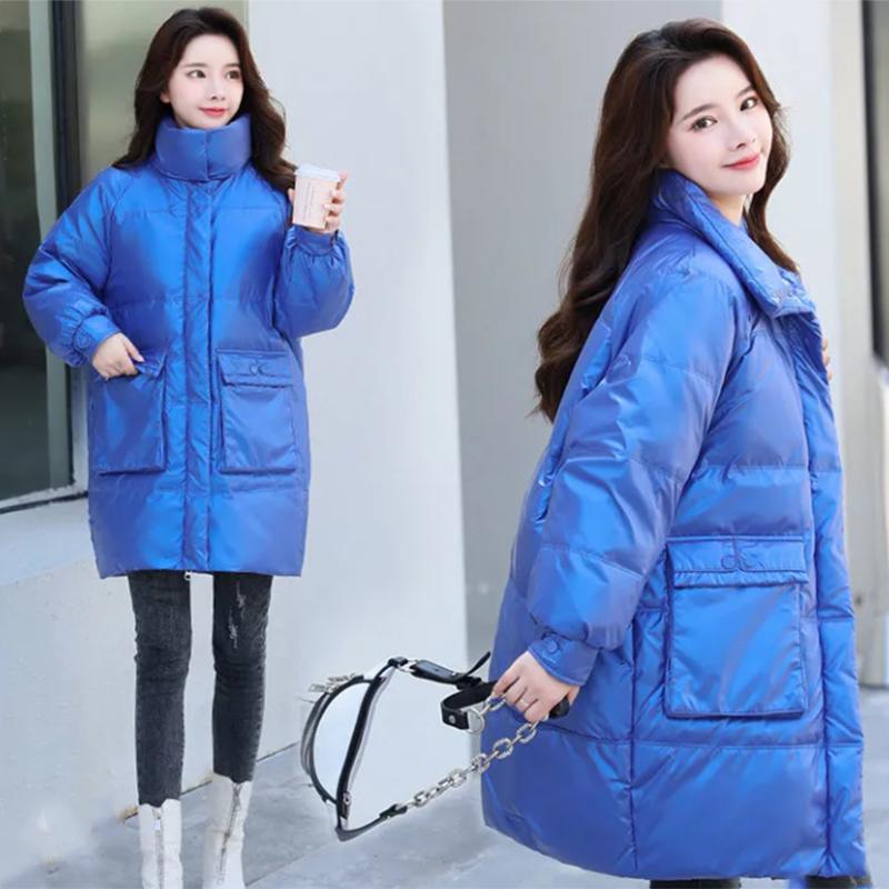 Women's Winter Korean Loose Quilted Coat Warm Stand-collar Down Jacket Women's Glossy Mid-length Down Jacket