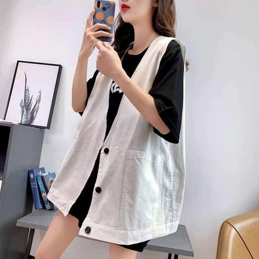 Big Pocket Solid Color Women's Vest Sleeveless Spring and Summer Loose Casual Waistcoat