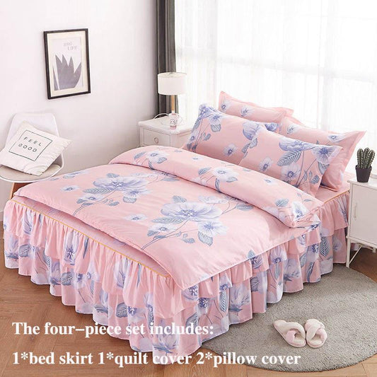Four-piece Bed Skirt Korean Four-piece Bedding Skin-friendly Sanding Bed Linen Quilt Cover Bilateral Bed Skirt