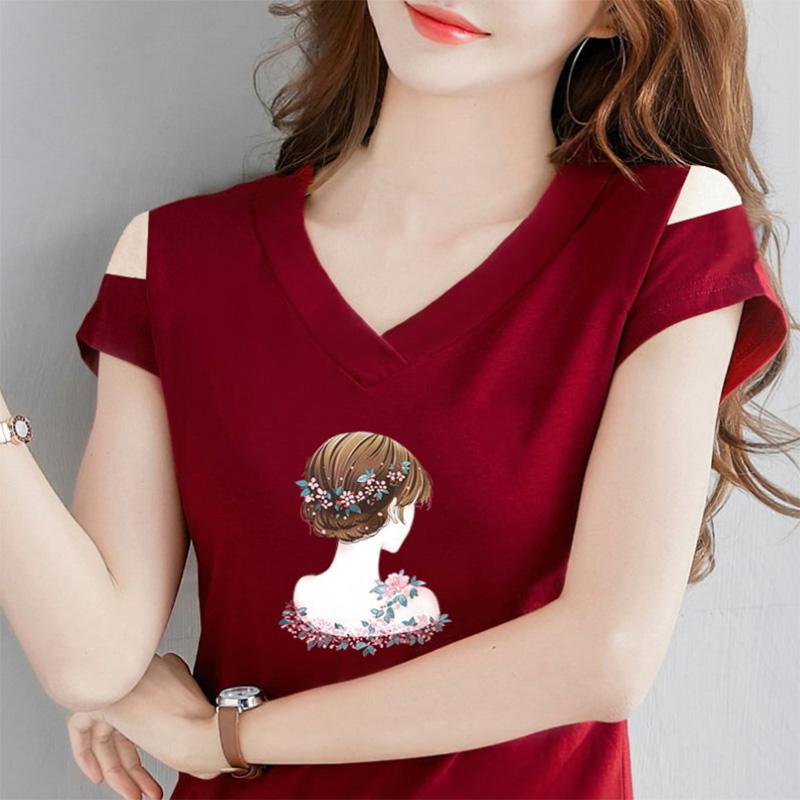 Summer Thin Off-the-shoulder T-shirt Black Short-sleeved T-shirt Women's Leak-shoulder One-word V-neck Top Korean Version Slimming Bottoming Shirt