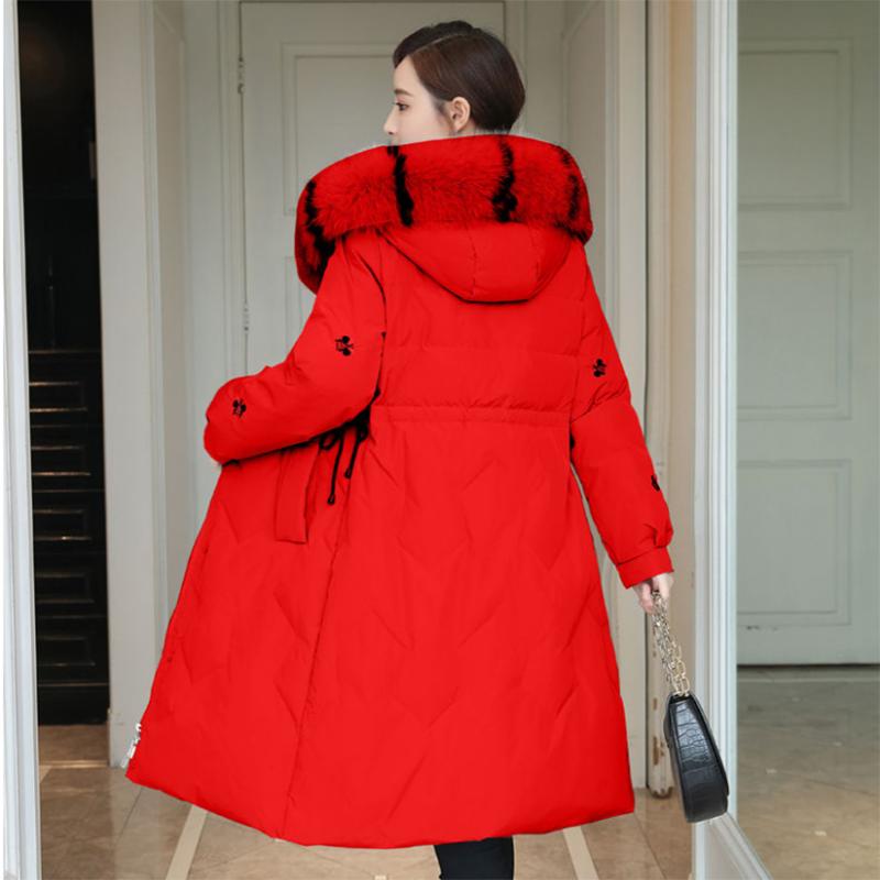 Women's Solid Color Embroidered Down Jacket Mid-length Korean Style Loose Thick Coat Warm Cotton Coat Large Fur Collar Winter Quilted Jacket