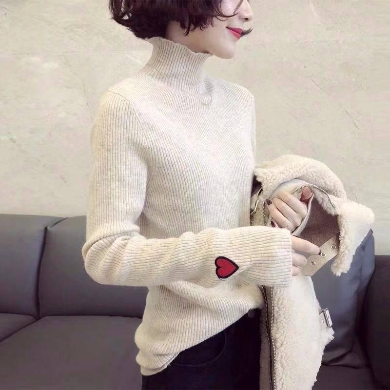 Women Embroidery Turtleneck Knitted Bottoming Shirt Slim Was Thin Wild Sweater Solid Color