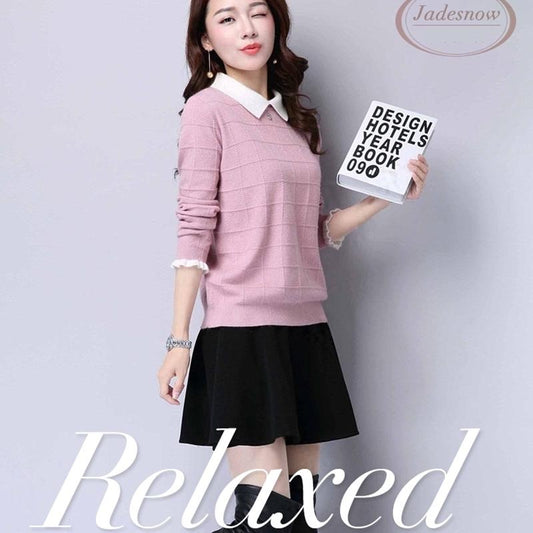Spring Autumn Winter Fake Two-piece Color-blocking Sweater Women Loose Knit Bottoming Sweater Sweet Doll Collar Pullover Sweater
