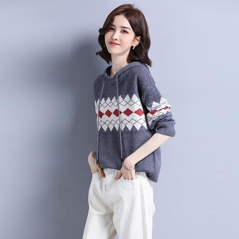 Hooded Sweater Women Rhombus Jacquard All-match Sweater Loose Pullover Women