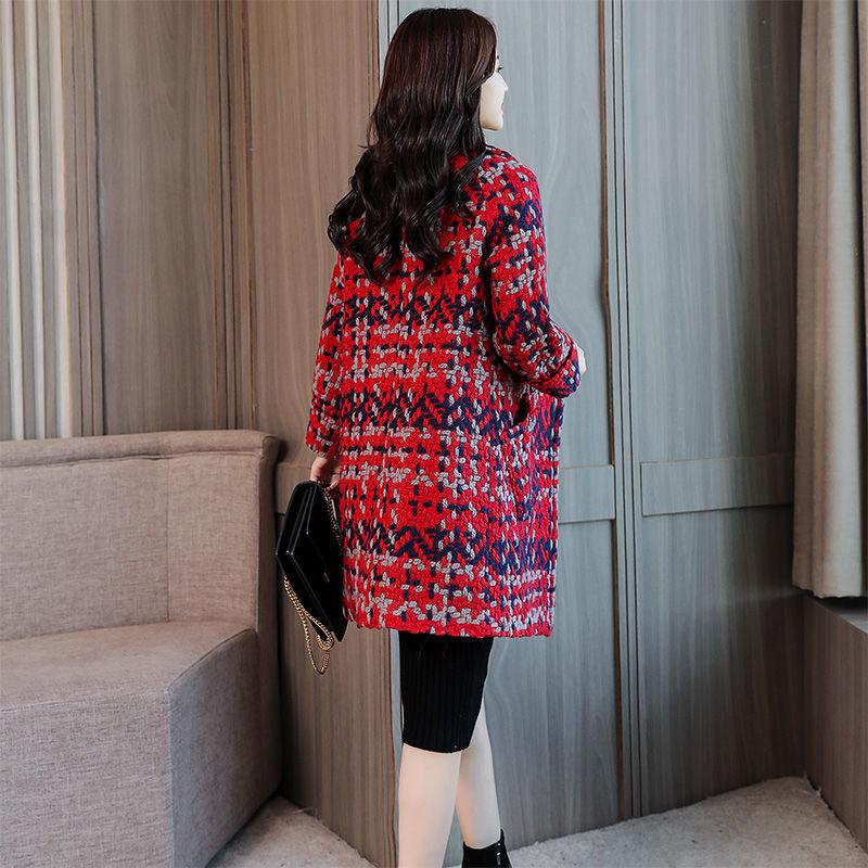 Vintage  Houndstooth Coat Ladies Plaid Imitation  Woolen Coat Long Slim and Thick Trench Coat Plus Size Tweed Jacket