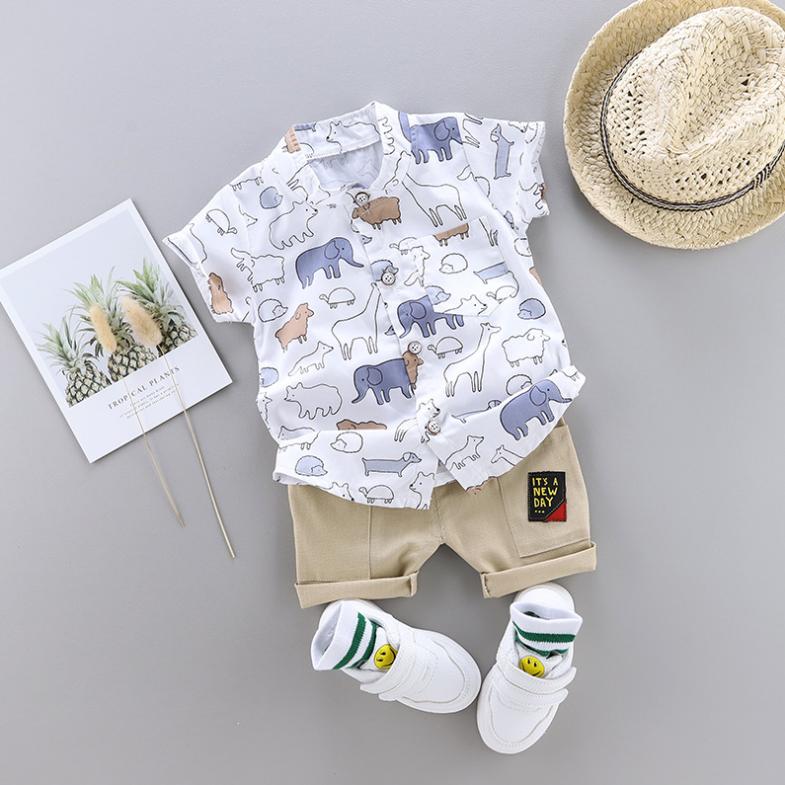 Children's Clothing Boys' Middle and Small Children's Set 1-4 Year Old Baby Stand Collar Leaf Animal Shirt Shorts Suit