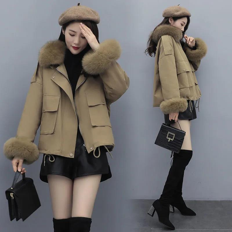 Parker Overcome Female Imitation Fox Big Fur Collar Lamb Wool Short Frock Coat with Velvet To Keep Warm and Comfortable