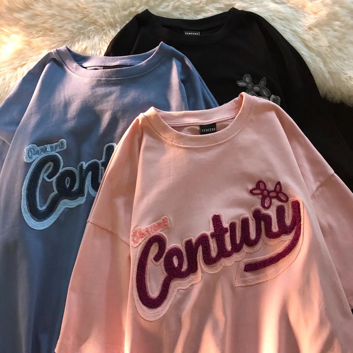 Plush embroidered Polyester Women's Summer round collar  Tees Loose Breathable  Simple Short Sleeve Harajuku all-match Cartoons style T Shirt Tops