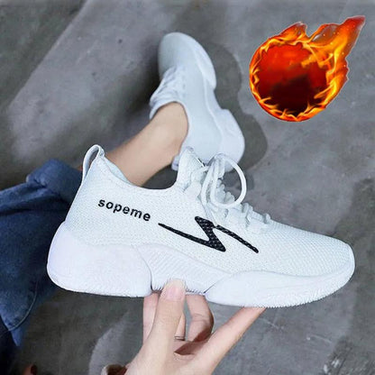 Winter Shoes Women Tennis Sports Shoes Fashion Sneakers Thick Fleece Warm Running Shoes Pink Cotton Shoes Lace Up Non Slip Women Sports Shoes