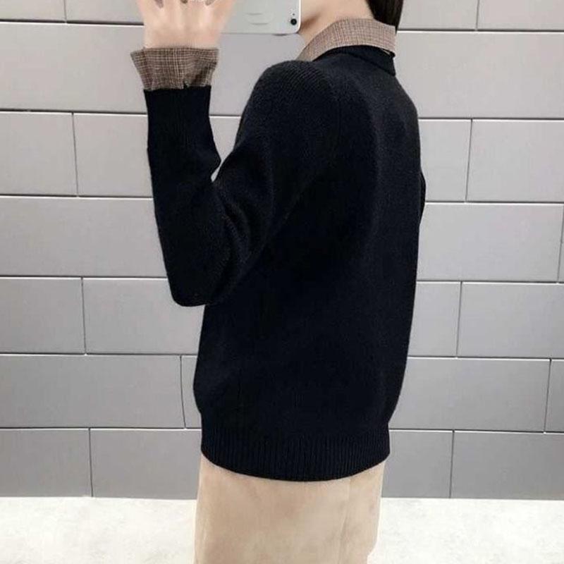 Autumn Winter knit Sweater Women Loose Pullover Sweater Korean Fake Two-piece Sweater Top for Student Office Ladies