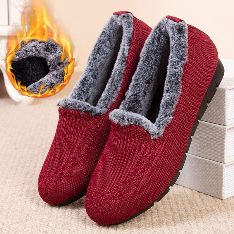 Winter Thermal Plush Shoes Women Flat Heel Slip on Loafers Plus Size Slip Resistance Flats Shoes