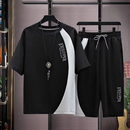 Summer Short-sleeved T-shirt Suit Men's Trend Youth Casual Sports Cropped Two-piece Set