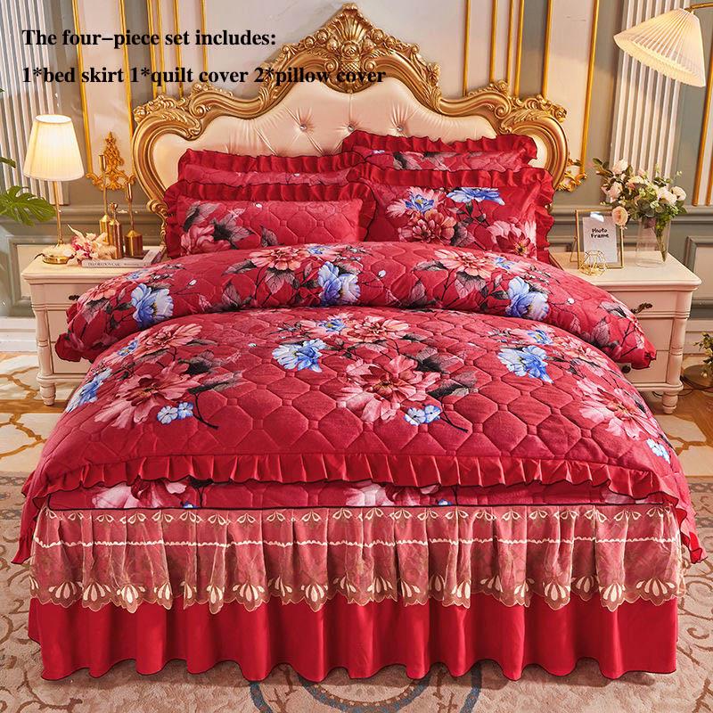 Quilted Crystal Velvet Bed Skirt Four-piece Thick Plus Cotton Bedspread Duvet Cover Bedding Set