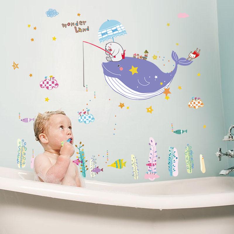 [Wall sticker ]Underwater World Cartoon Dolphin Fish Wall Stickers For Kids Rooms Bathroom Tile Wate