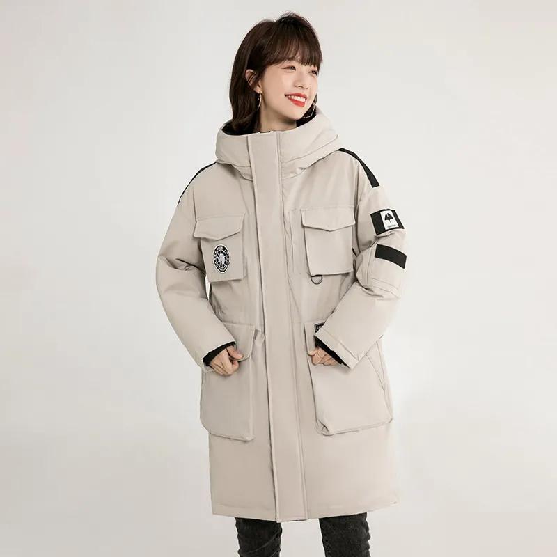 Down Jacket Women's Mid-length High-end Tooling Large Pockets Loose Thickened Coat Winter Warm Drop-shoulder Cotton Clothes Casual Outdoor Jacket
