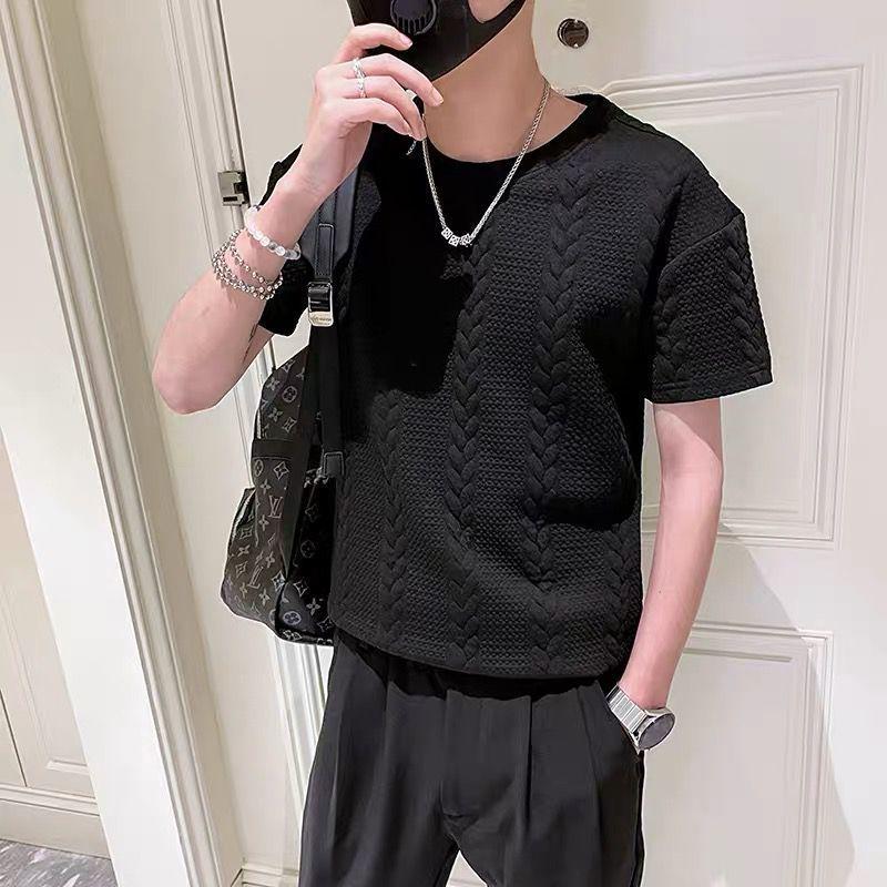 Summer Solid Color T-shirt Men's Ins Tide Brand Three-dimensional Striped Short-sleeved Trend Half-sleeve Trend Half-sleeve
