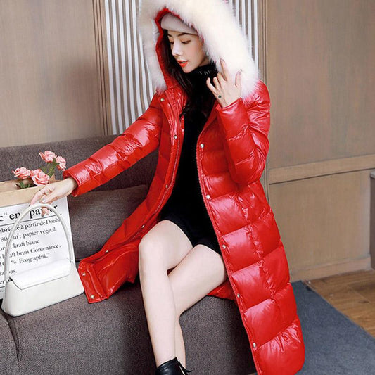 Glossy Down Padded Jacket Women's Winter Clothes Mid-length Thick Padded Coat with Large Fur Collar Waist and Thin Coat