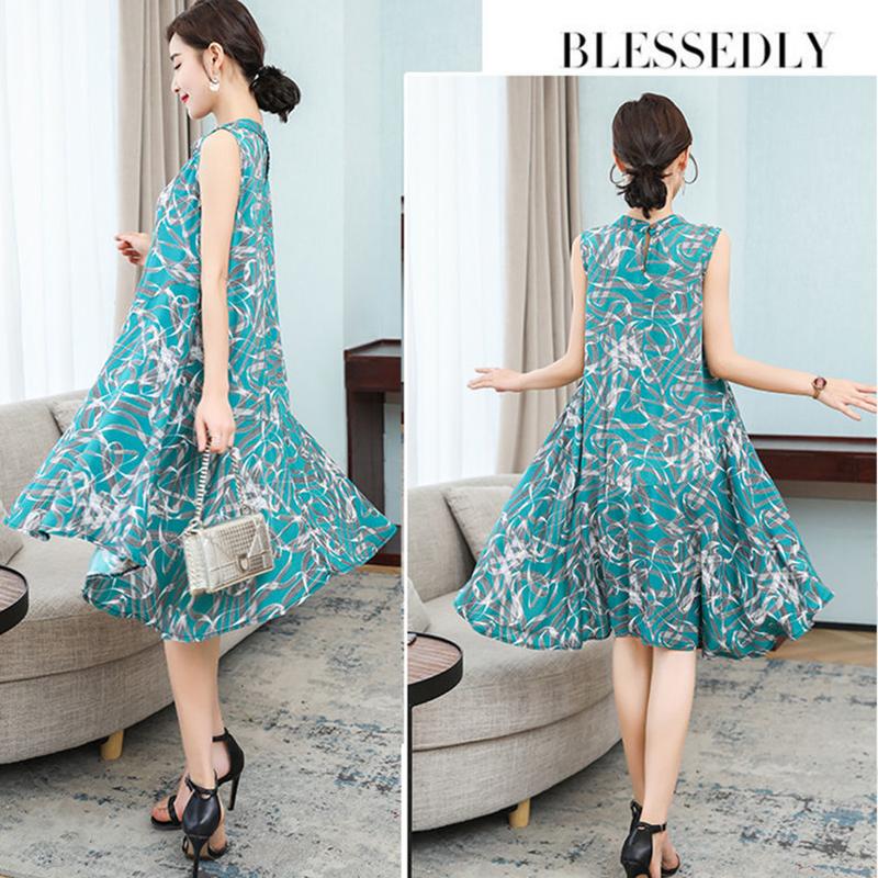 Women Cotton Silk Dress Summer Mother Sleeveless Mid-length Loose Large Home Night Skirt Beach Skirt