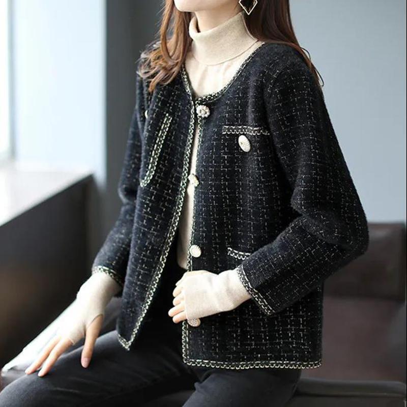 Temperament Xiaoxiangfeng Imitation Mink Short Coat Women's Spring and Autumn Casual Knitted Cardigan Top
