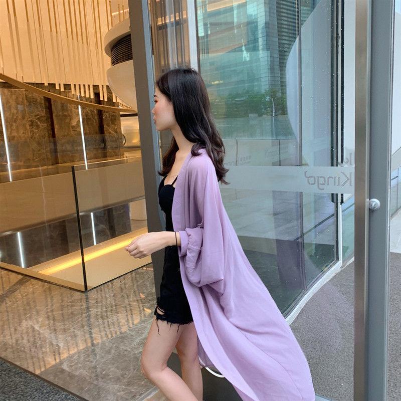 Batwing Sleeve Women's Beach Sun Protection Cardigan Plus Size Shawl Loose Outer Chiffon Long Sleeve  Mid-calf Solid Color