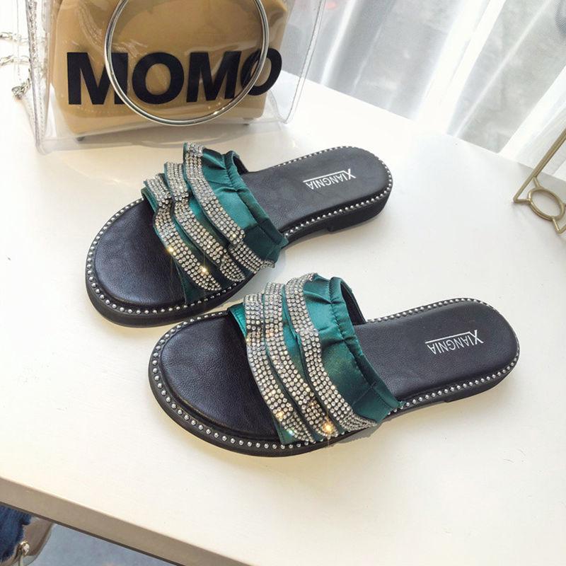 Rhinestone Lotus Leaf Slippers Female Summer Wear 2030 Korean Version of The Wild Word Open Toe Net Red Flat Sandals and Slippers