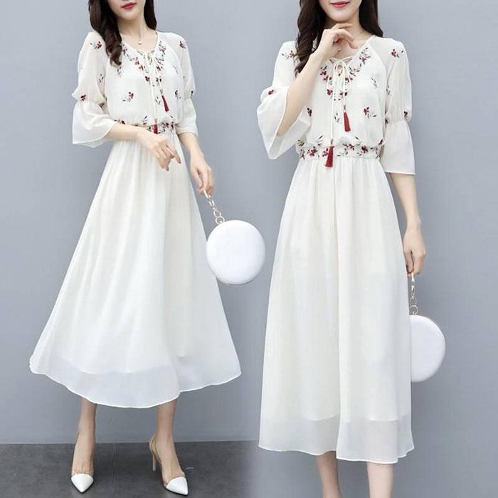Pofulove XS-3XL Women Floral Chiffon Dress Office Lady Slim Short-sleeved V-neck A-line Beach Dress